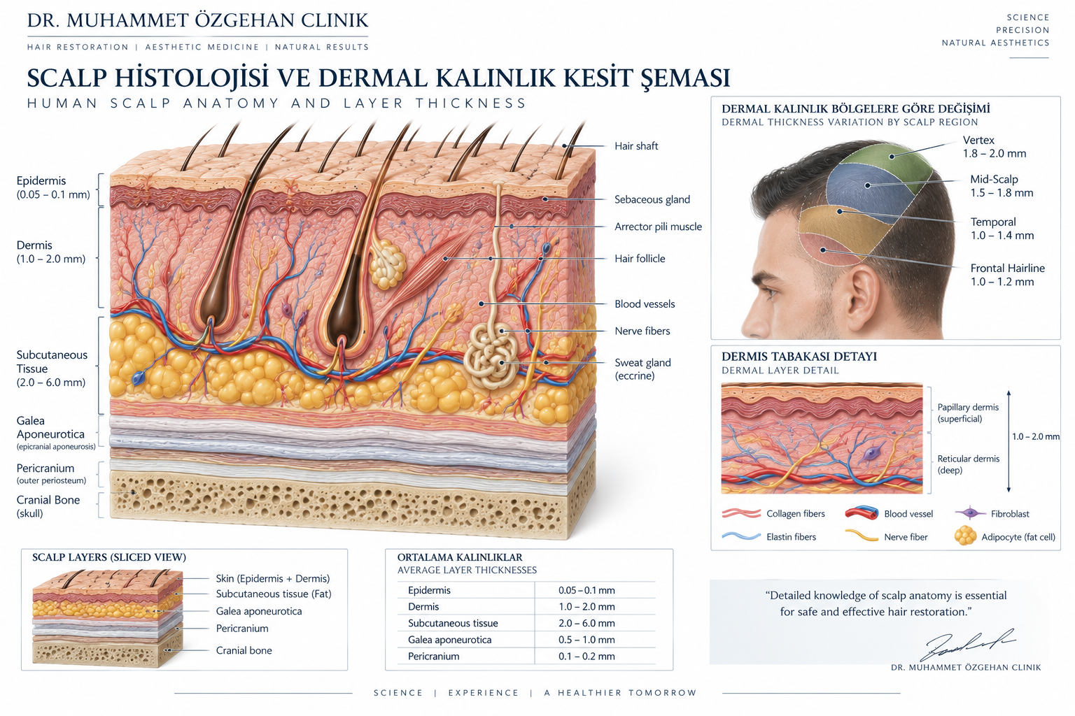 Scalp histolojik katmanları ve bölgelere göre dermal kalınlık varyasyon şeması